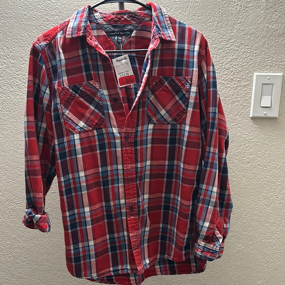 Tommy Hilfiger Red and Blue Casual Button Down Shirt